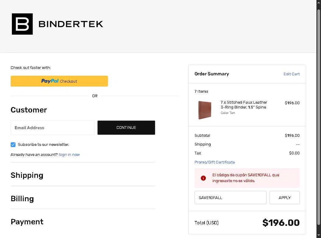 Bindertek checkout page showing Bindertek promo code box | Screenshot taken by SimplyCodes community member on Oct 9, 2025