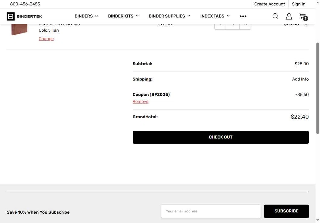 Bindertek checkout page showing Bindertek promo code box | Screenshot taken by SimplyCodes community member on Nov 24, 2025
