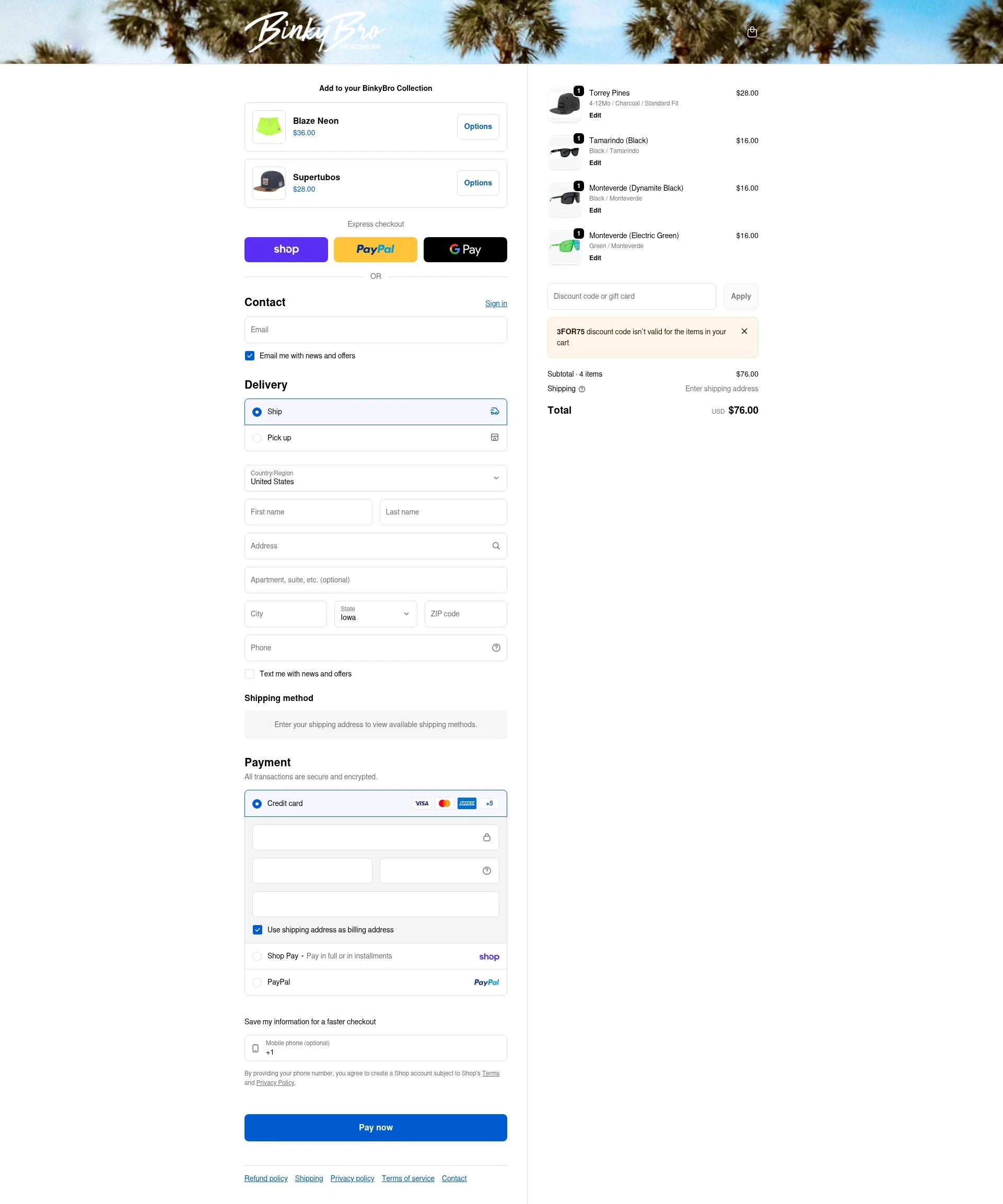 Binky Bro checkout page showing Binky Bro discount code box | Screenshot taken by SimplyCodes community member on Feb 9, 2026