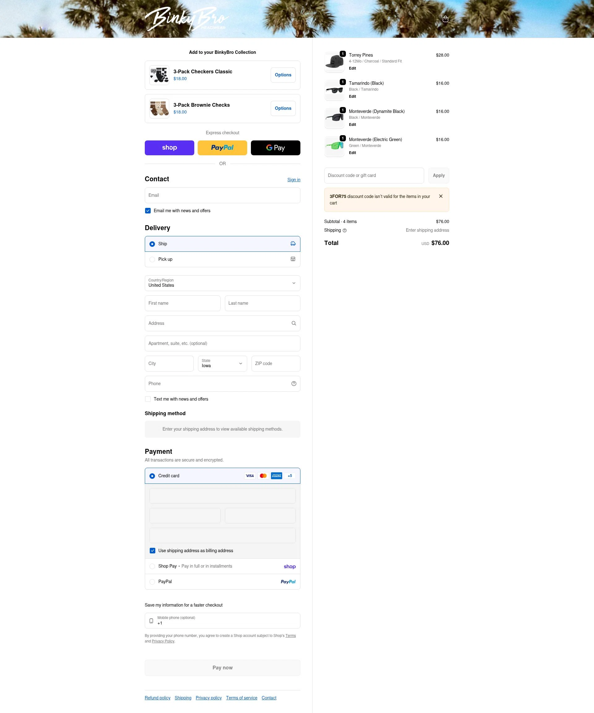 Binky Bro checkout page showing Binky Bro discount code box | Screenshot taken by SimplyCodes community member on Feb 14, 2026