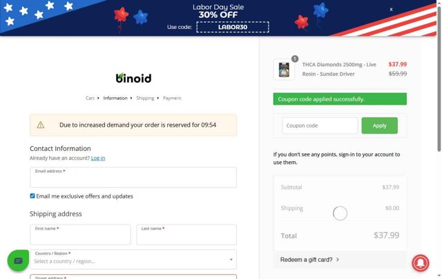 Binoid checkout page showing Binoid discount code box | Screenshot taken by SimplyCodes community member on Sep 3, 2025