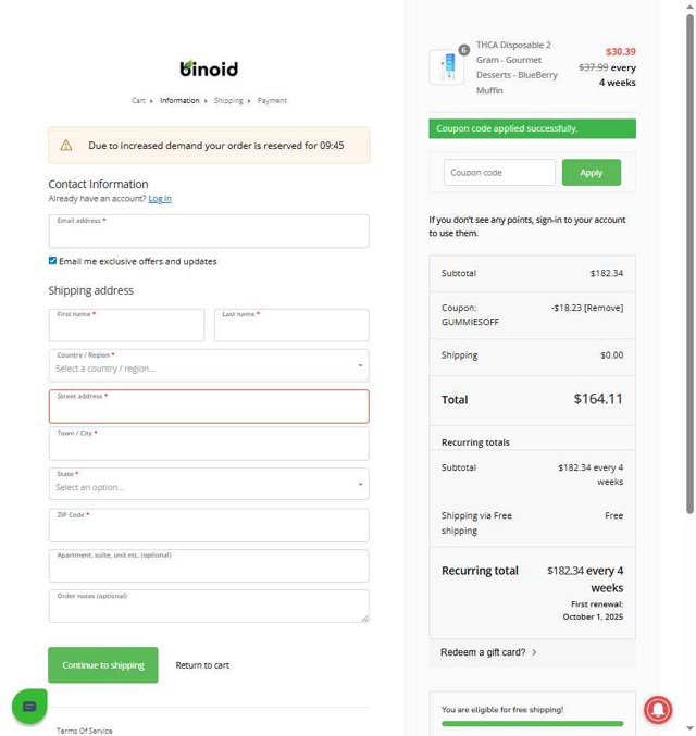 Binoid checkout page showing Binoid discount code box | Screenshot taken by SimplyCodes community member on Sep 3, 2025