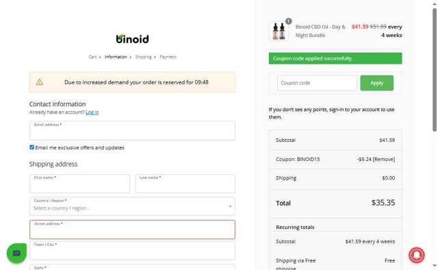 Binoid checkout page showing Binoid discount code box | Screenshot taken by SimplyCodes community member on Aug 20, 2025