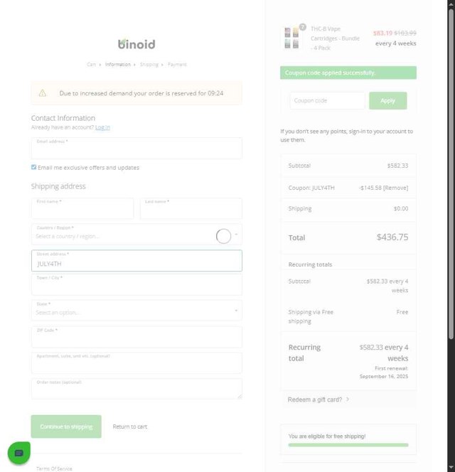 Binoid checkout page showing Binoid discount code box | Screenshot taken by SimplyCodes community member on Aug 20, 2025