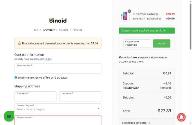 Binoid checkout page showing Binoid discount code box | Screenshot taken by SimplyCodes community member on Aug 20, 2025