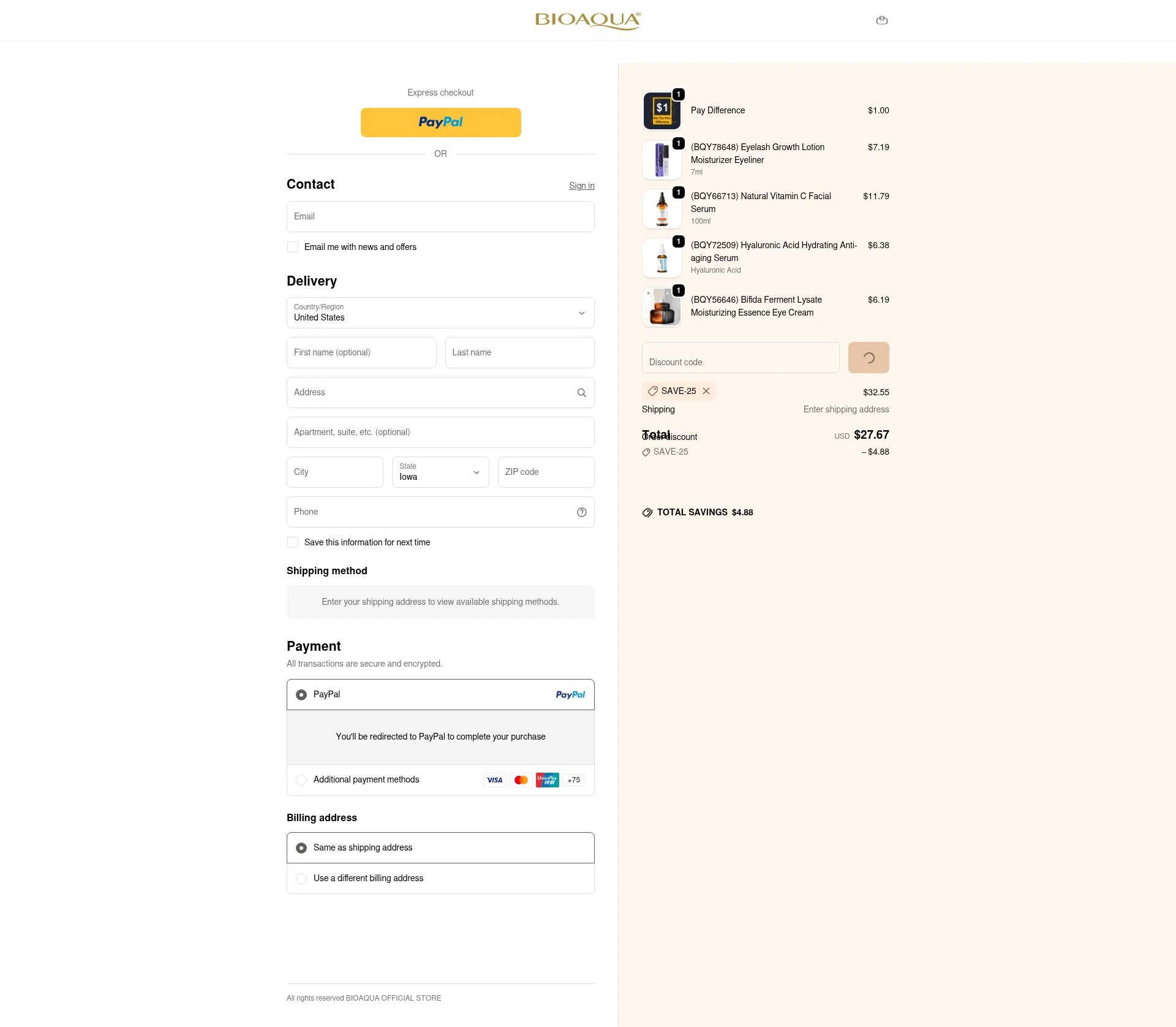 Bioaqua checkout page showing Bioaqua discount code box | Screenshot taken by SimplyCodes community member on Feb 18, 2026