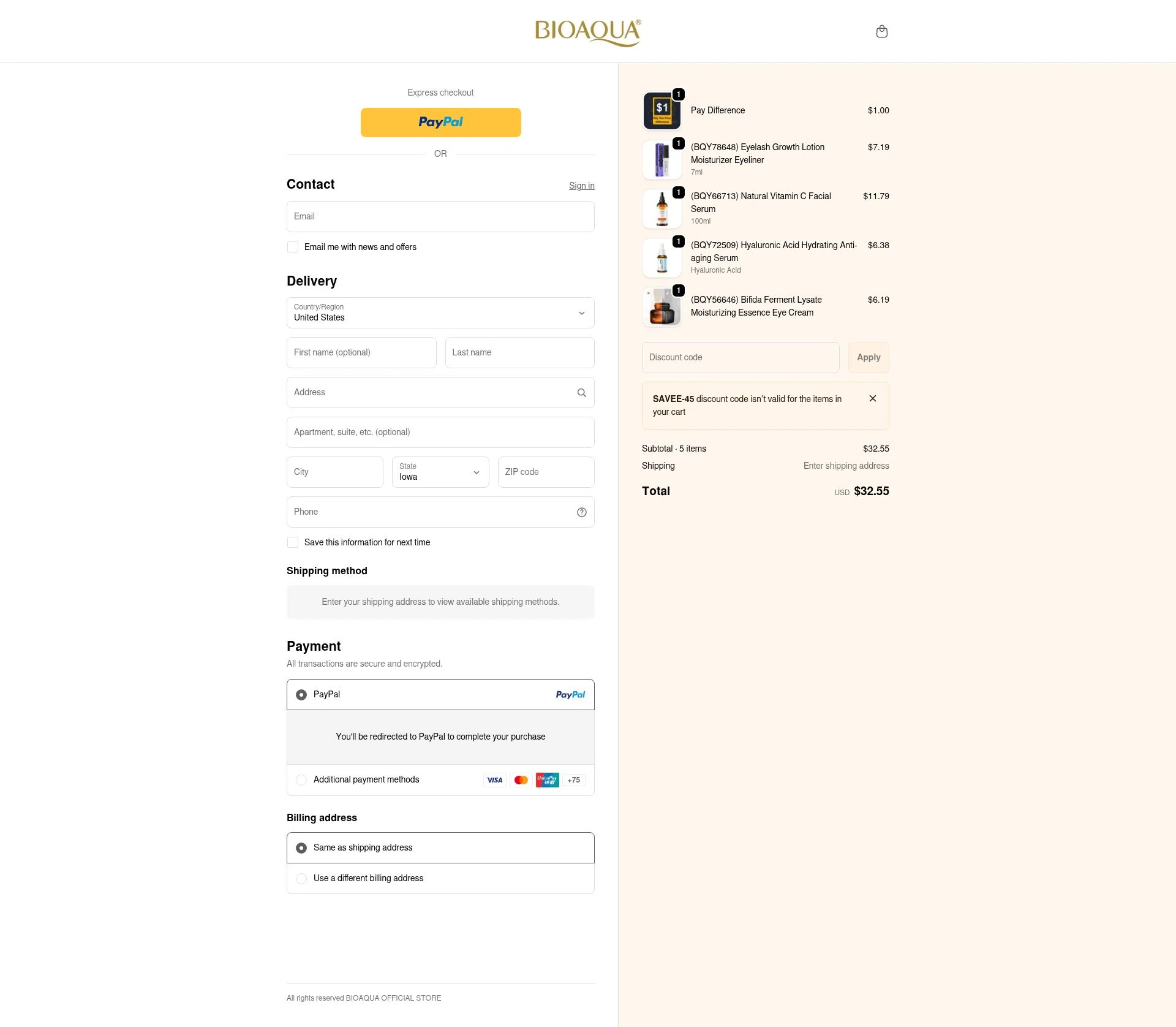 Bioaqua checkout page showing Bioaqua discount code box | Screenshot taken by SimplyCodes community member on Feb 18, 2026