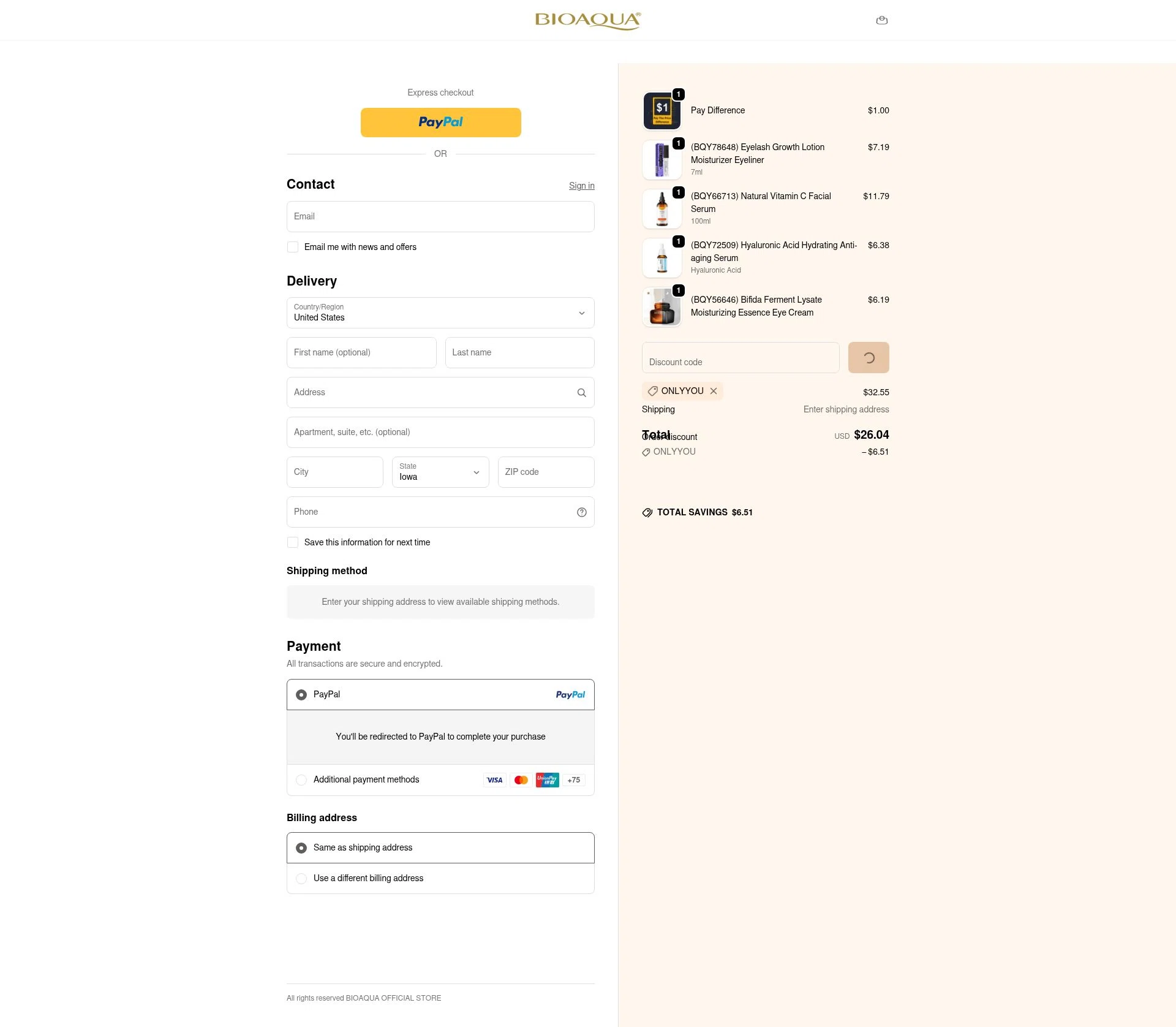 Bioaqua checkout page showing Bioaqua discount code box | Screenshot taken by SimplyCodes community member on Feb 18, 2026