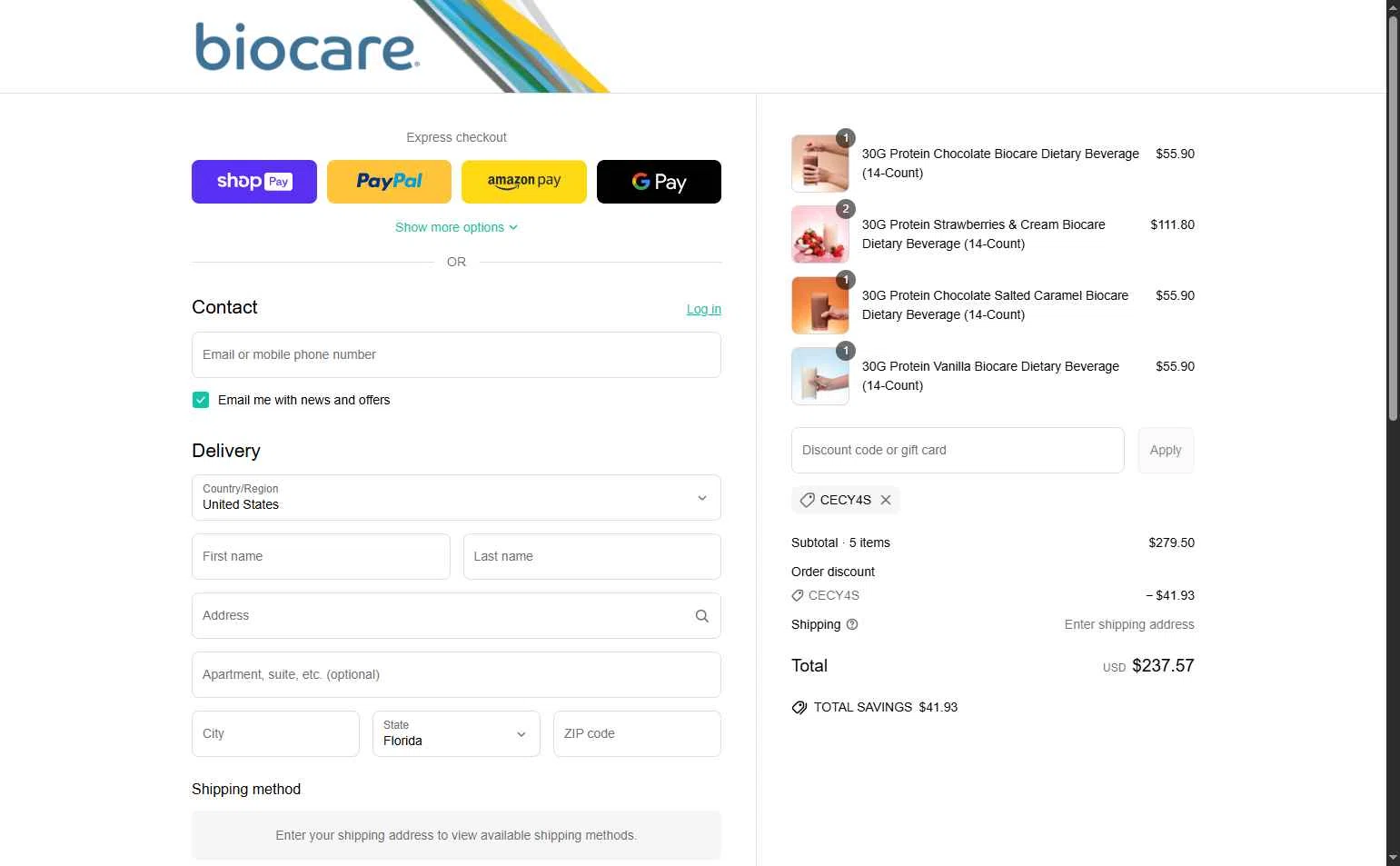 Biocare Nutrition checkout page showing Biocare Nutrition promo code box | Screenshot taken by SimplyCodes community member on May 15, 2025