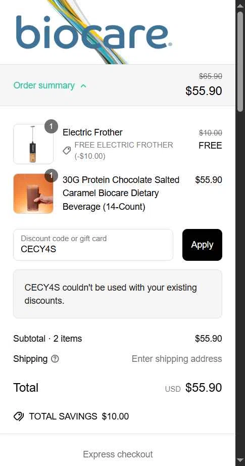 Biocare Nutrition checkout page showing Biocare Nutrition promo code box | Screenshot taken by SimplyCodes community member on May 15, 2025