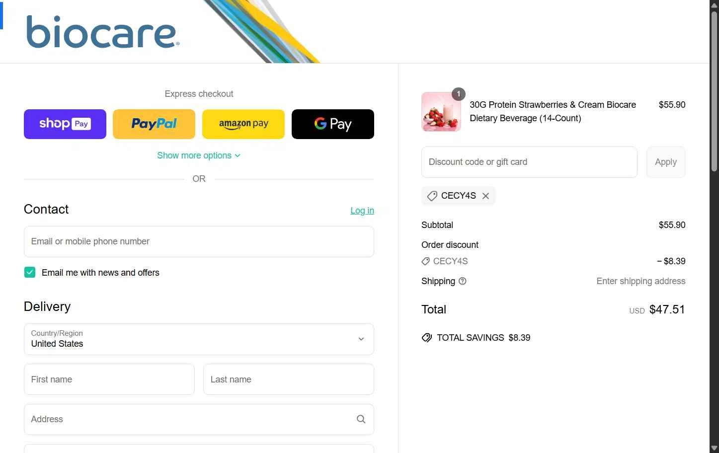Biocare Nutrition checkout page showing Biocare Nutrition promo code box | Screenshot taken by SimplyCodes community member on May 15, 2025