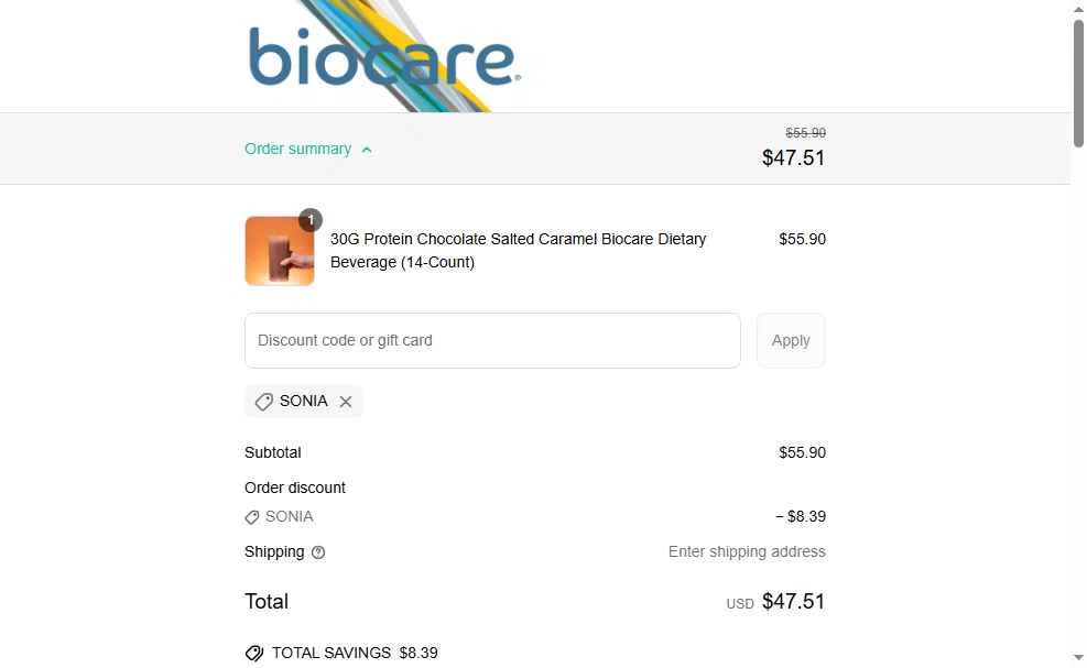 Biocare Nutrition checkout page showing Biocare Nutrition promo code box | Screenshot taken by SimplyCodes community member on May 6, 2025