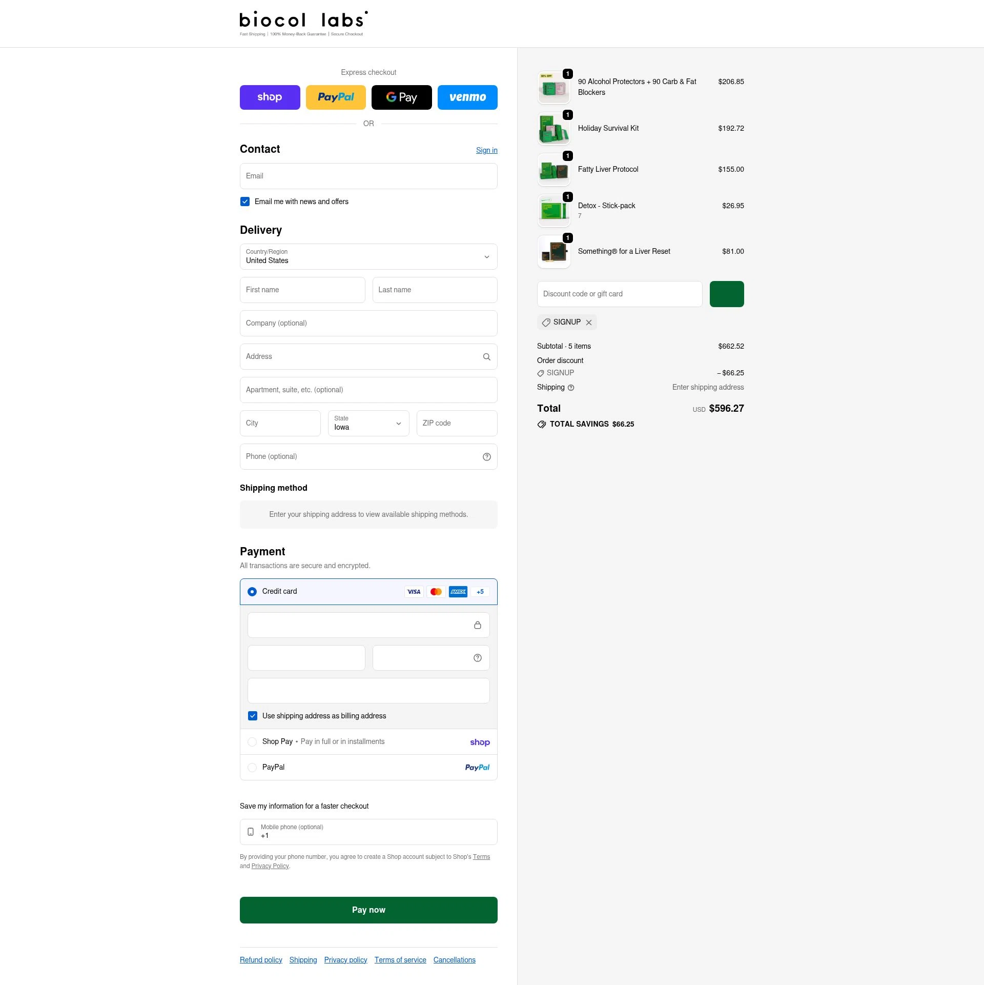 Biocol Labs checkout page showing Biocol Labs discount code box | Screenshot taken by SimplyCodes community member on Feb 8, 2026