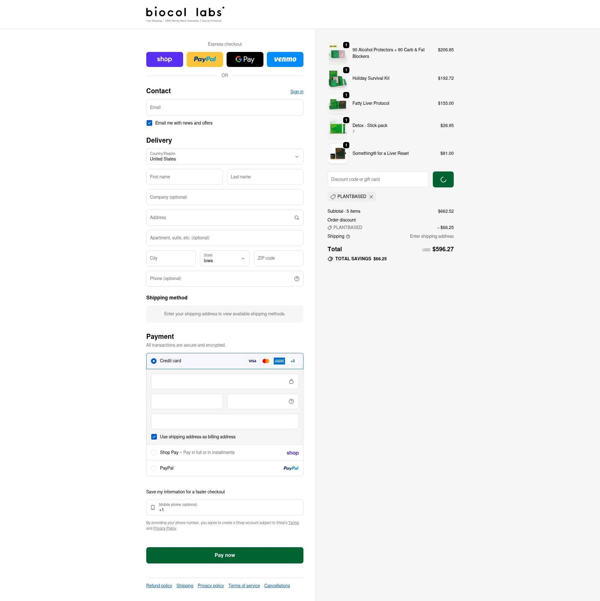 Biocol Labs checkout page showing Biocol Labs discount code box | Screenshot taken by SimplyCodes community member on Feb 8, 2026