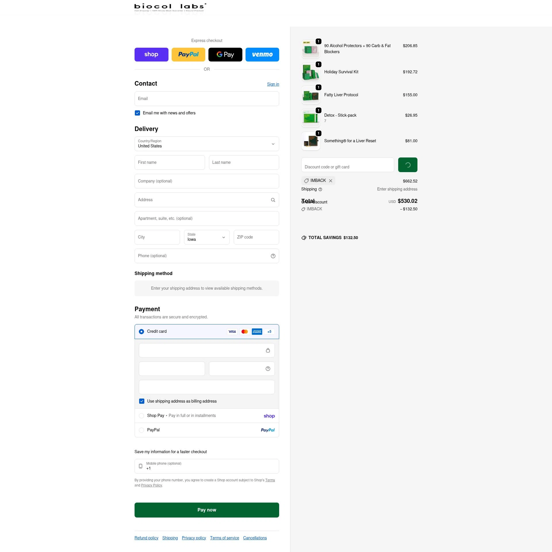 Biocol Labs checkout page showing Biocol Labs discount code box | Screenshot taken by SimplyCodes community member on Feb 4, 2026