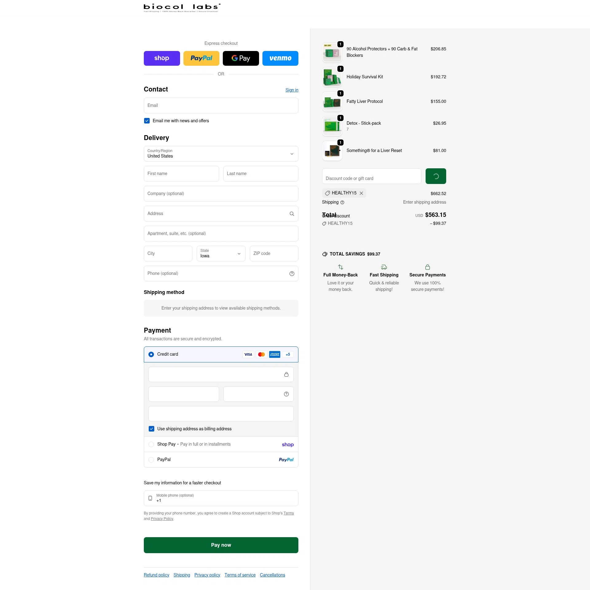 Biocol Labs checkout page showing Biocol Labs discount code box | Screenshot taken by SimplyCodes community member on Feb 4, 2026