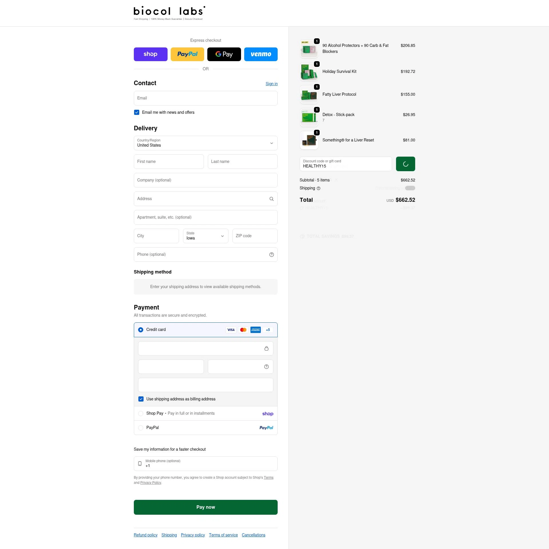 Biocol Labs checkout page showing Biocol Labs discount code box | Screenshot taken by SimplyCodes community member on Feb 8, 2026