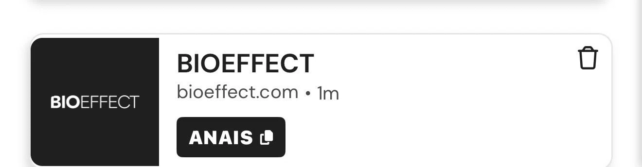 BIOEFFECT promo code screenshot showing code ANAIS applied at BIOEFFECT checkout page. Uploaded by SimplyCodes community member FortunatePro9173 on Feb 4, 2026