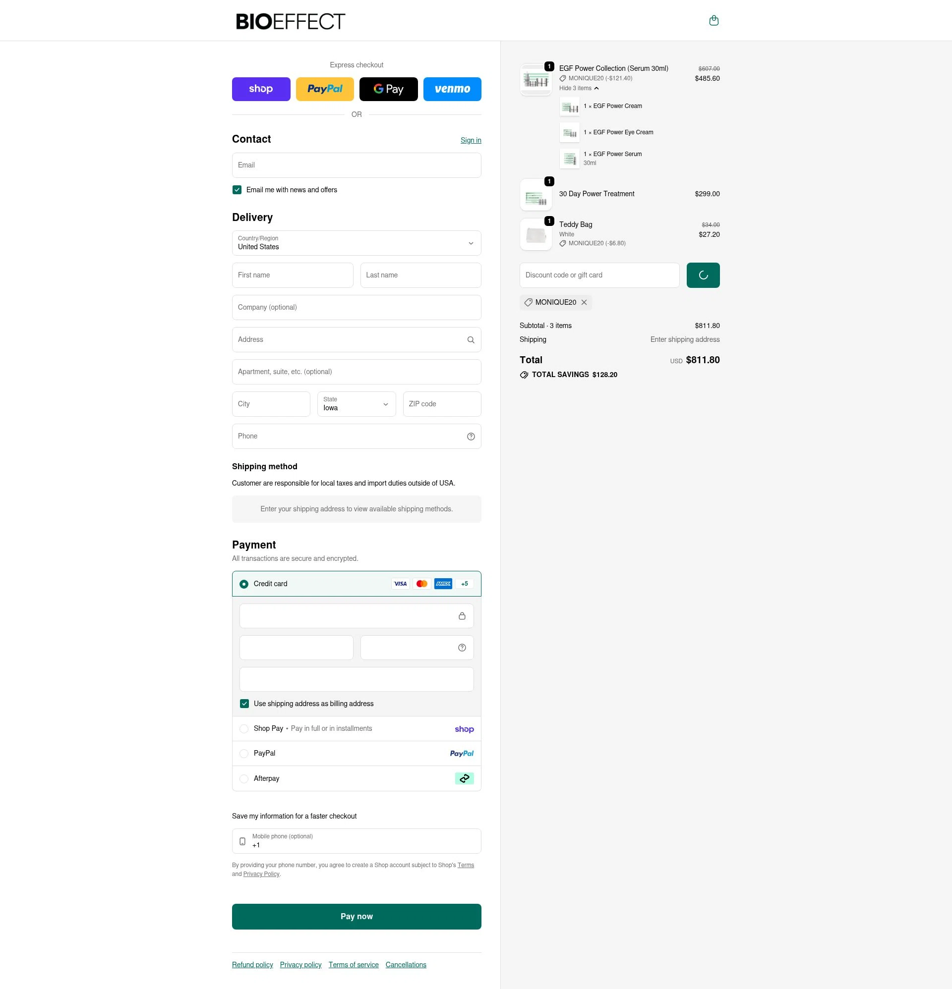 BIOEFFECT checkout page showing BIOEFFECT promo code box | Screenshot taken by SimplyCodes community member on Feb 7, 2026