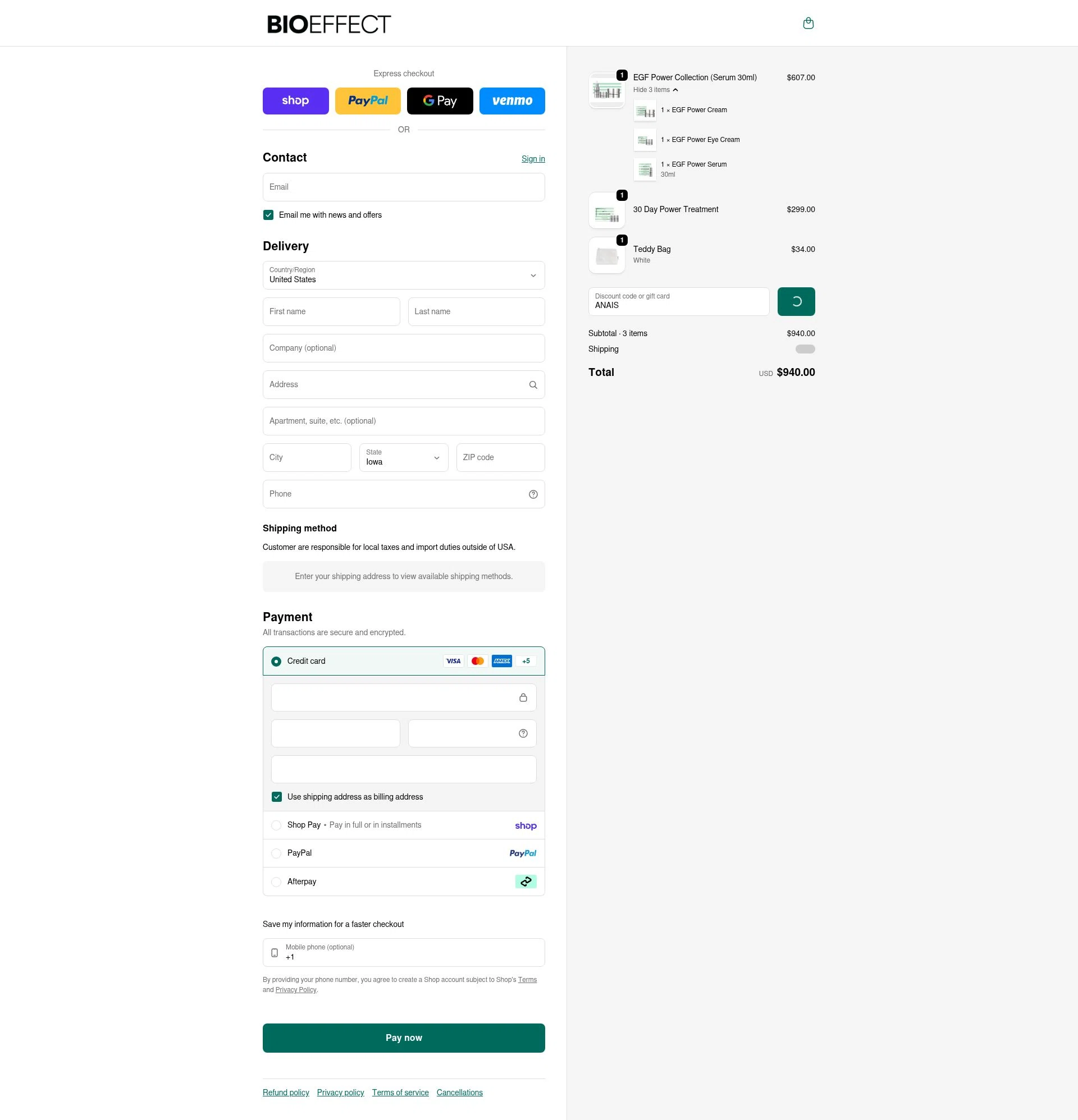 BIOEFFECT checkout page showing BIOEFFECT promo code box | Screenshot taken by SimplyCodes community member on Feb 11, 2026