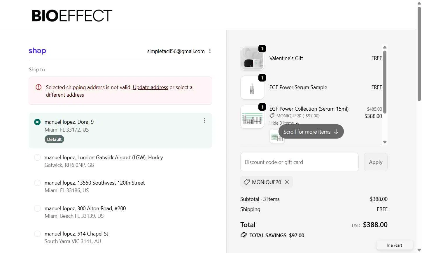 BIOEFFECT checkout page showing BIOEFFECT promo code box | Screenshot taken by SimplyCodes community member on Feb 9, 2026