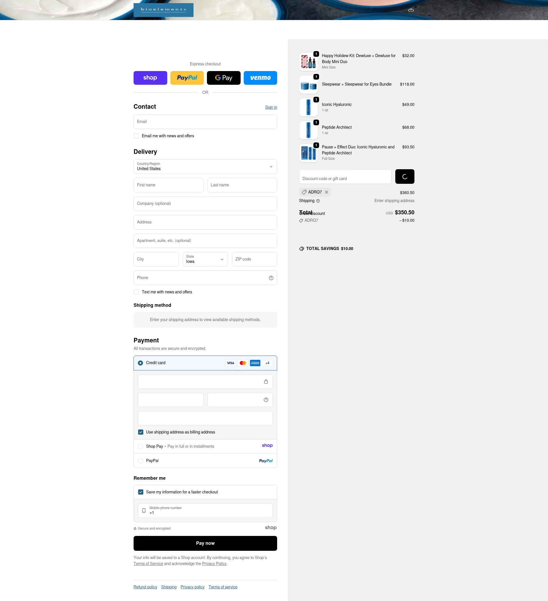 Bioelements Skincare checkout page showing Bioelements Skincare promo code box | Screenshot taken by SimplyCodes community member on Jan 1, 2026