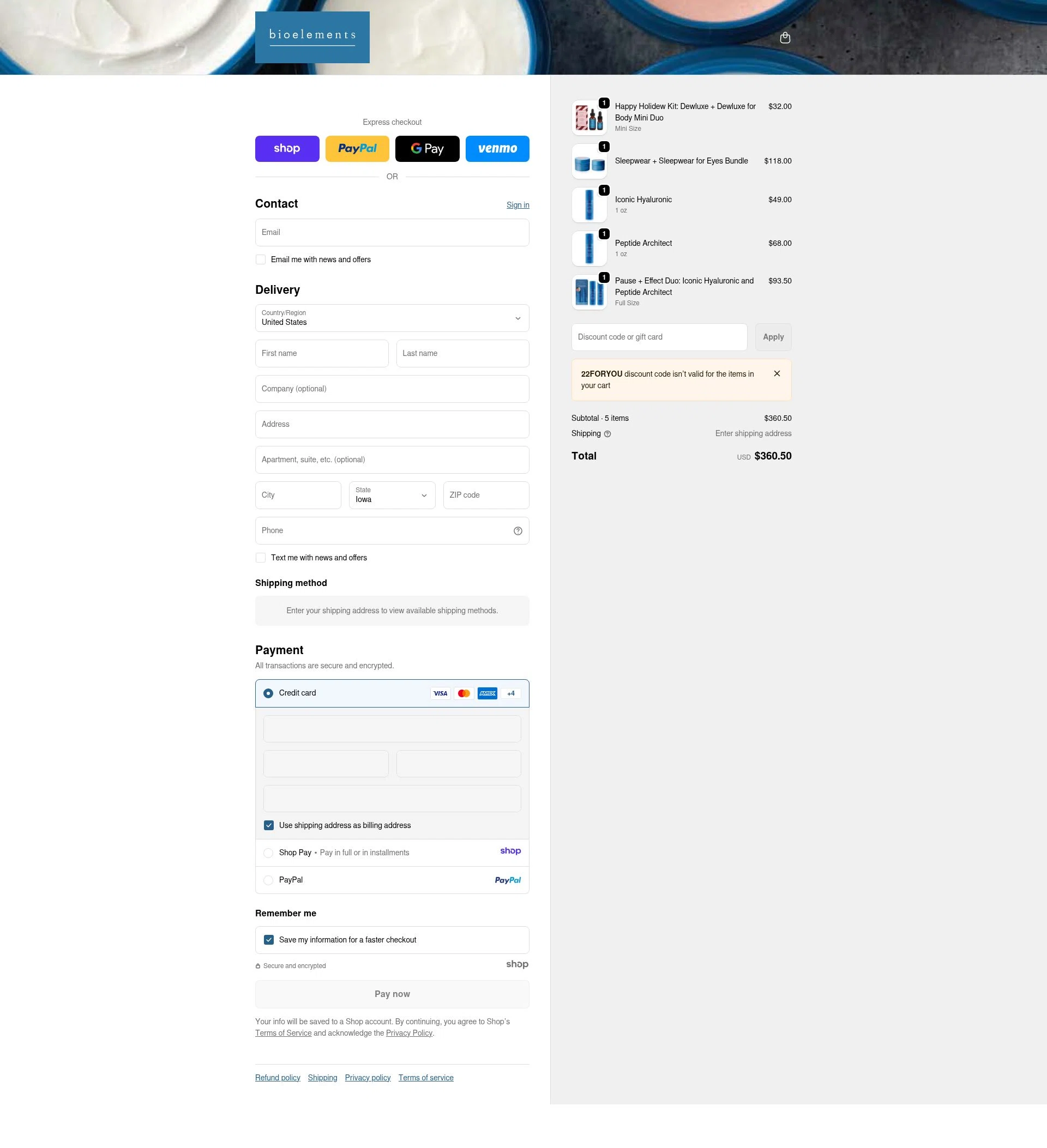 Bioelements Skincare checkout page showing Bioelements Skincare promo code box | Screenshot taken by SimplyCodes community member on Jan 1, 2026