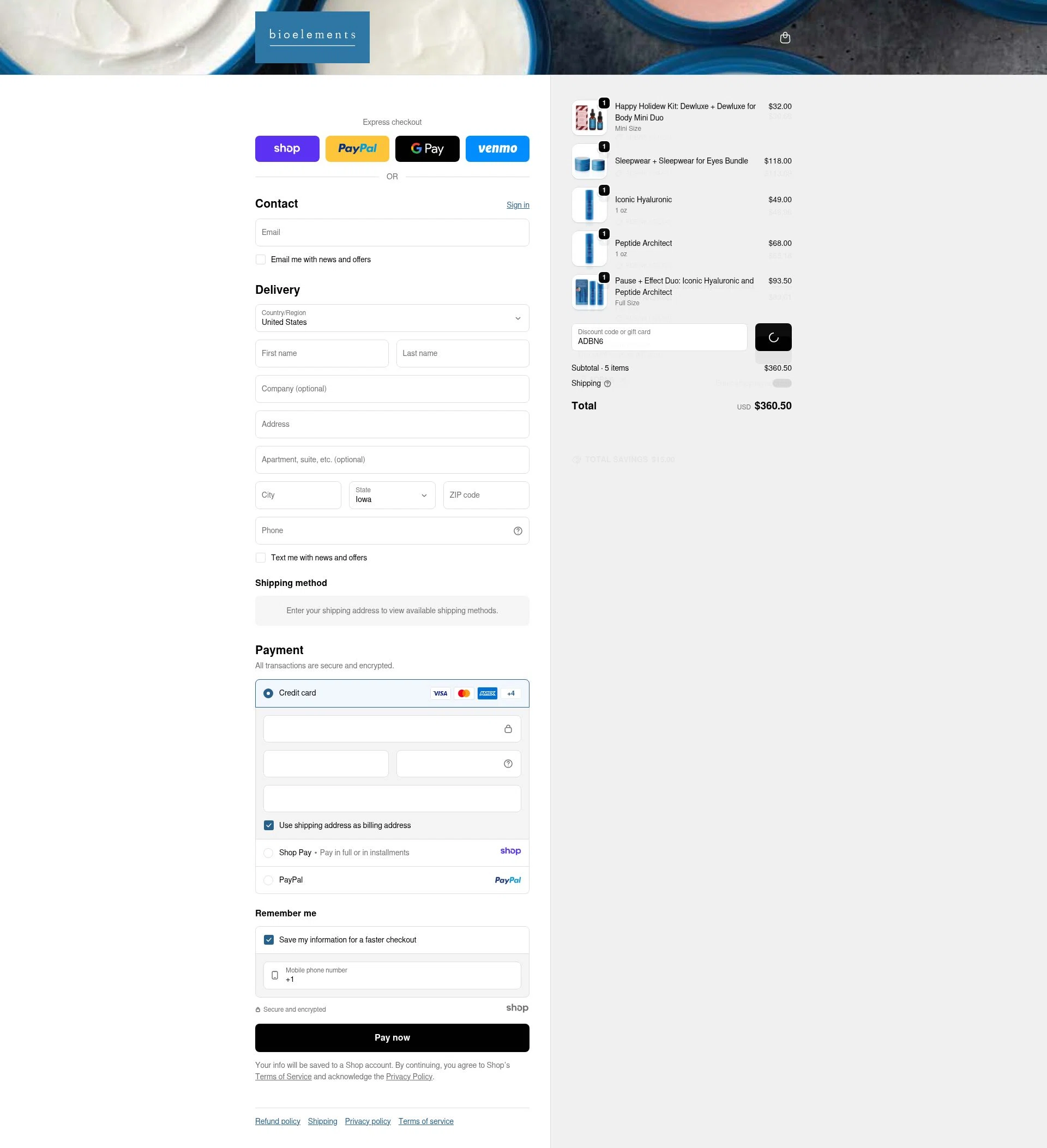 Bioelements Skincare checkout page showing Bioelements Skincare promo code box | Screenshot taken by SimplyCodes community member on Jan 1, 2026
