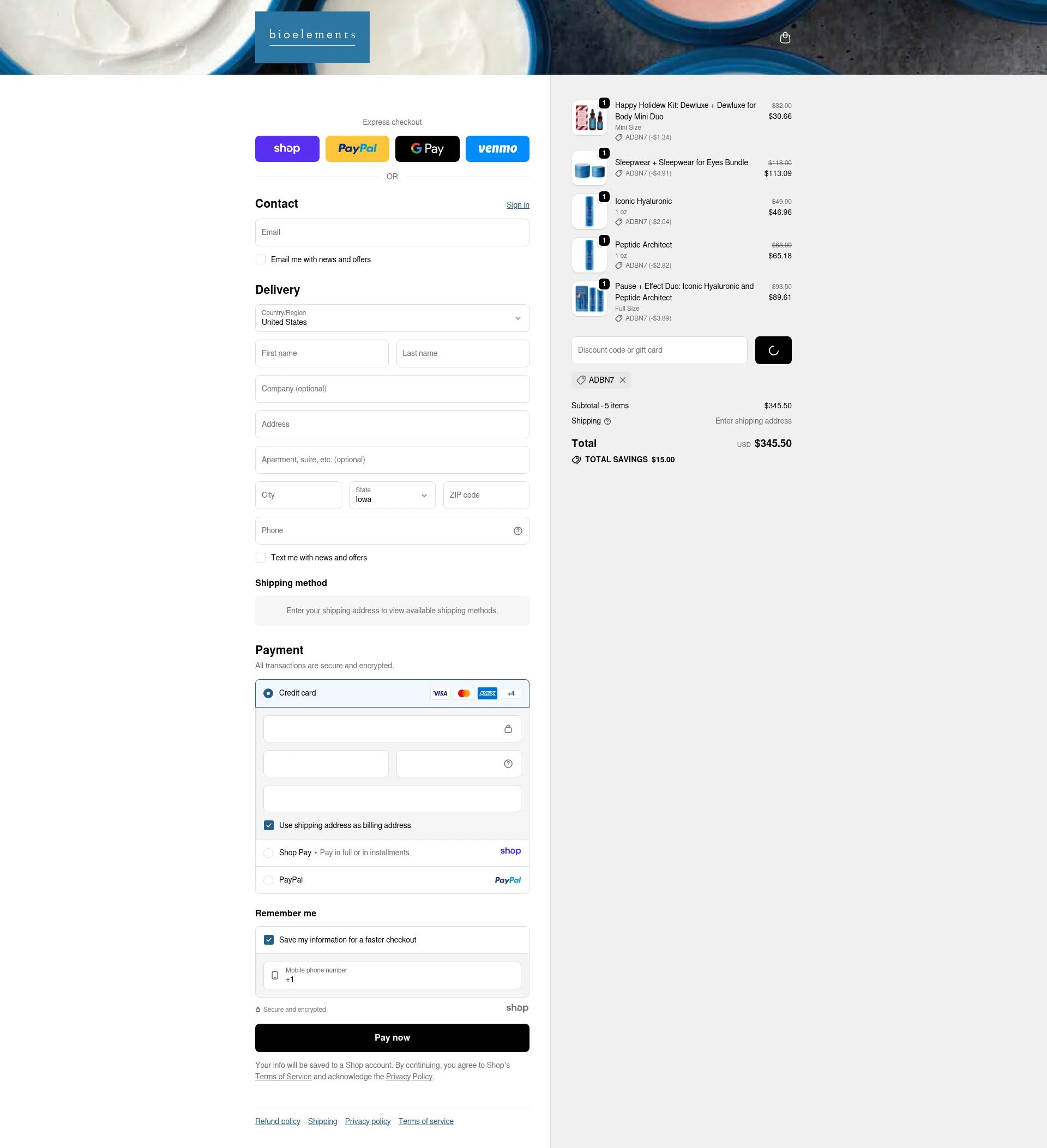 Bioelements Skincare checkout page showing Bioelements Skincare promo code box | Screenshot taken by SimplyCodes community member on Jan 1, 2026