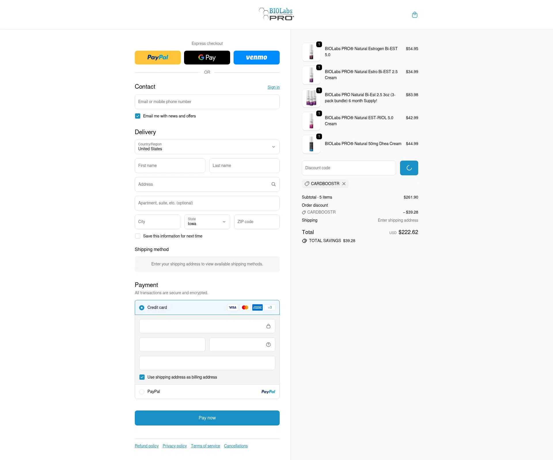 BIOLabs PRO checkout page showing BIOLabs PRO coupon code box | Screenshot taken by SimplyCodes community member on Feb 11, 2026