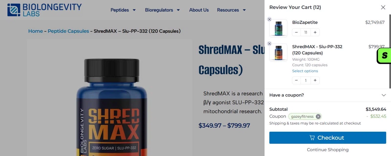 BioLongevity Labs discount code screenshot showing code gazeyfitness applied at BioLongevity Labs checkout page. Uploaded by SimplyCodes community member ShieldWarden5085 on Feb 9, 2026