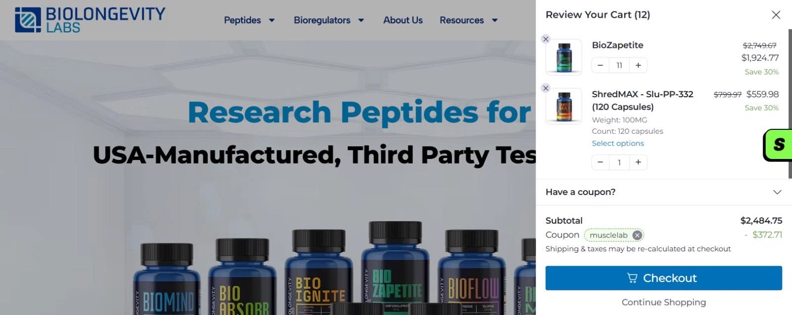 BioLongevity Labs discount code screenshot showing code musclelab applied at BioLongevity Labs checkout page. Uploaded by SimplyCodes community member ShieldWarden5085 on Feb 10, 2026