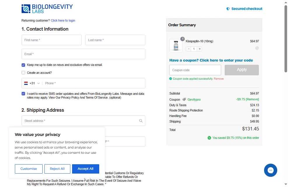 BioLongevity Labs checkout page showing BioLongevity Labs discount code box | Screenshot taken by SimplyCodes community member on Feb 9, 2026