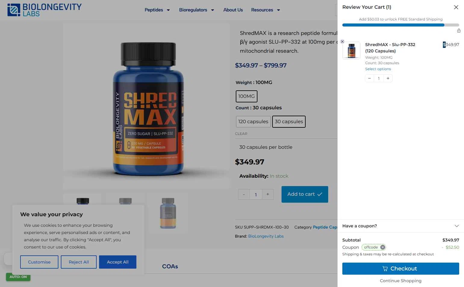 BioLongevity Labs checkout page showing BioLongevity Labs discount code box | Screenshot taken by SimplyCodes community member on Feb 9, 2026