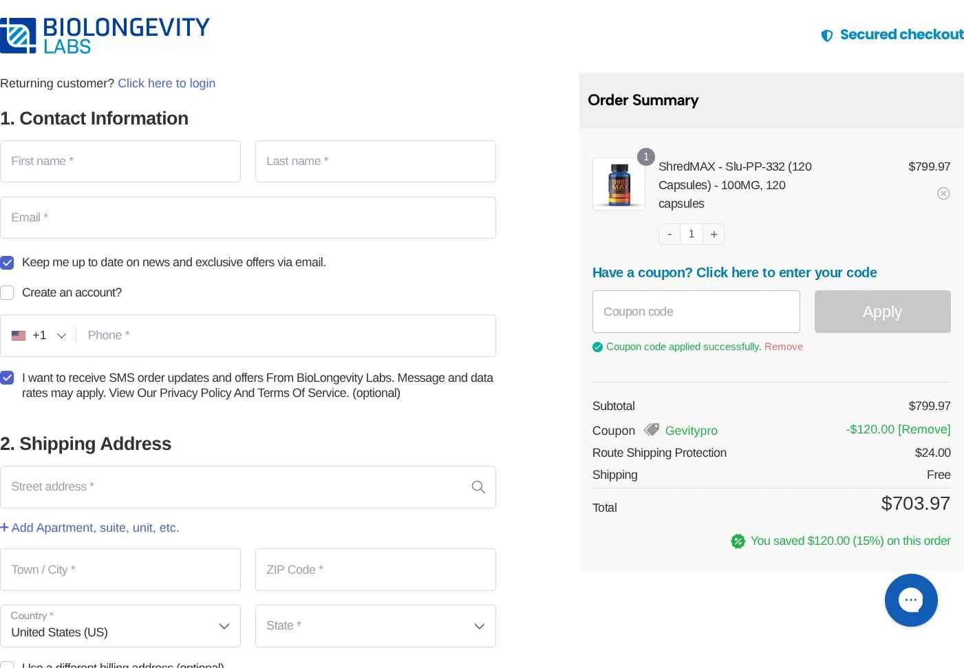 BioLongevity Labs checkout page showing BioLongevity Labs discount code box | Screenshot taken by SimplyCodes community member on Feb 9, 2026