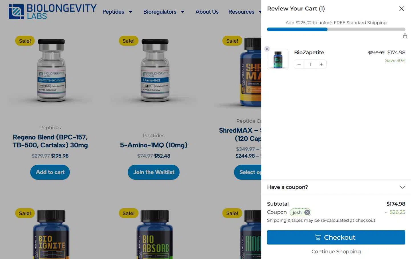 BioLongevity Labs checkout page showing BioLongevity Labs discount code box | Screenshot taken by SimplyCodes community member on Feb 12, 2026