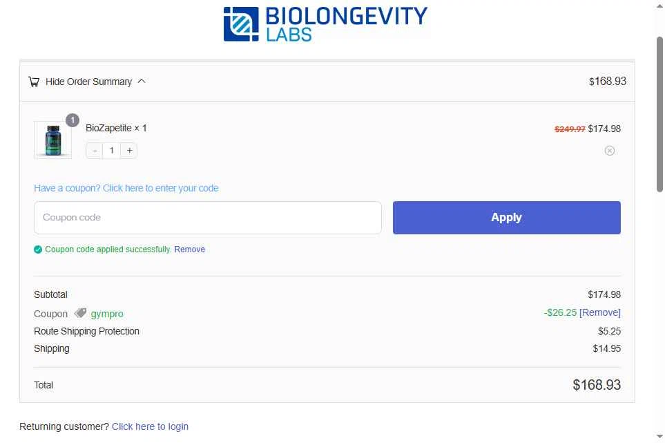 BioLongevity Labs checkout page showing BioLongevity Labs discount code box | Screenshot taken by SimplyCodes community member on Feb 11, 2026