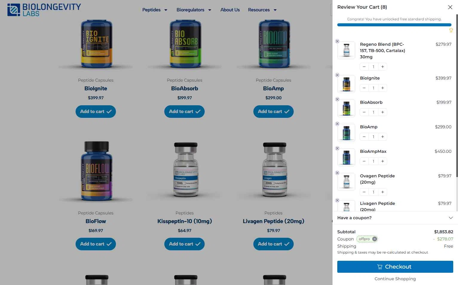 BioLongevity Labs checkout page showing BioLongevity Labs discount code box | Screenshot taken by SimplyCodes community member on Feb 9, 2026