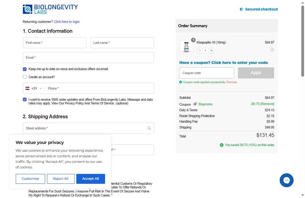 BioLongevity Labs checkout page showing BioLongevity Labs discount code box | Screenshot taken by SimplyCodes community member on Feb 9, 2026