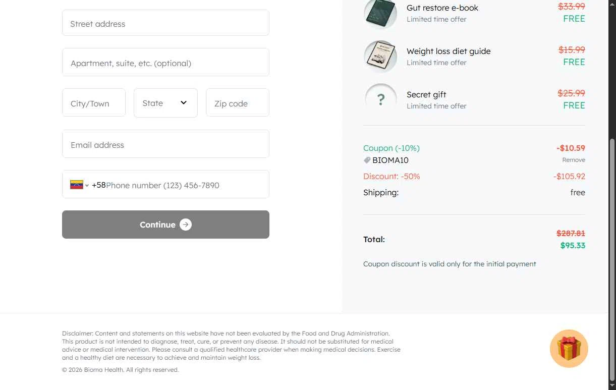 Bioma checkout page showing Bioma discount code box | Screenshot taken by SimplyCodes community member on Jan 20, 2026