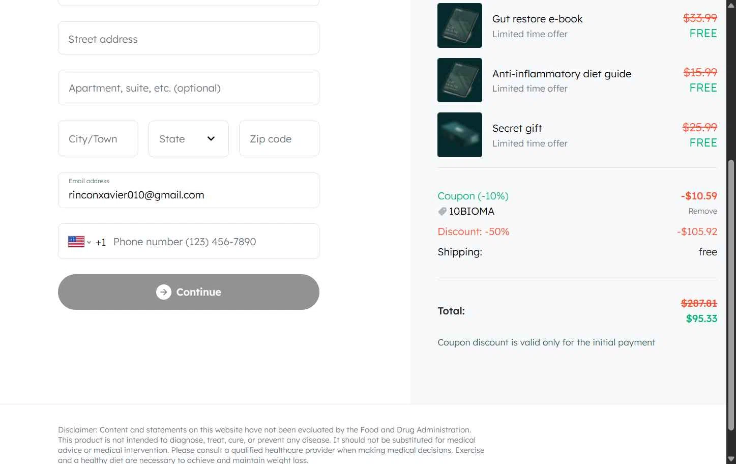 Bioma.Health checkout page showing Bioma.Health promo code box | Screenshot taken by SimplyCodes community member on Jan 22, 2026