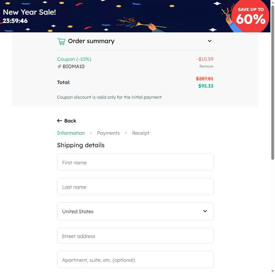 Bioma.Health checkout page showing Bioma.Health promo code box | Screenshot taken by SimplyCodes community member on Jan 27, 2026