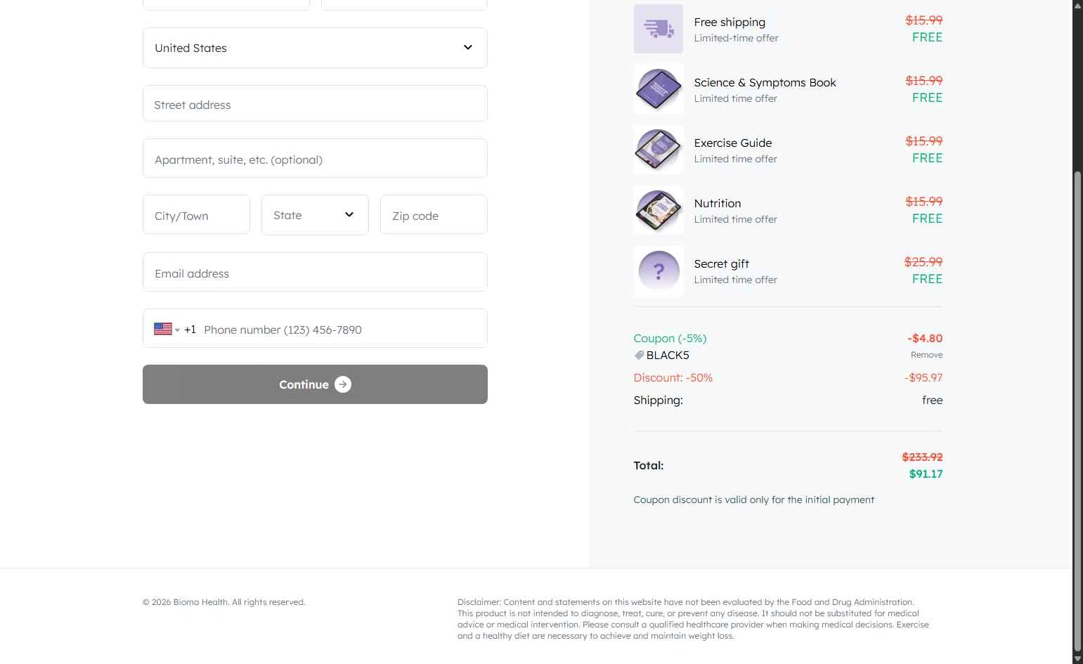 Bioma.Health checkout page showing Bioma.Health promo code box | Screenshot taken by SimplyCodes community member on Feb 11, 2026