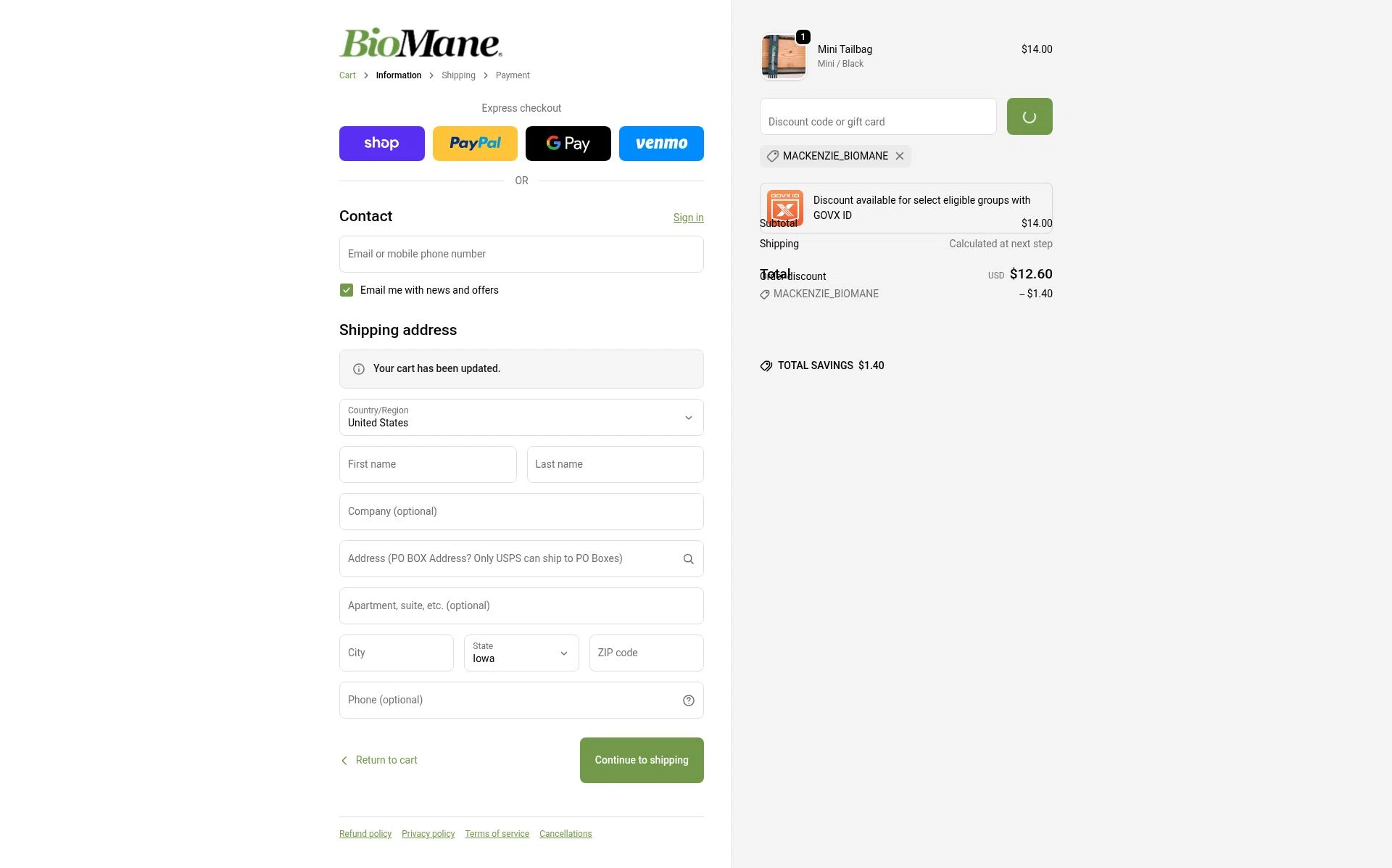 BioMane checkout page showing BioMane discount code box | Screenshot taken by SimplyCodes community member on Feb 19, 2026