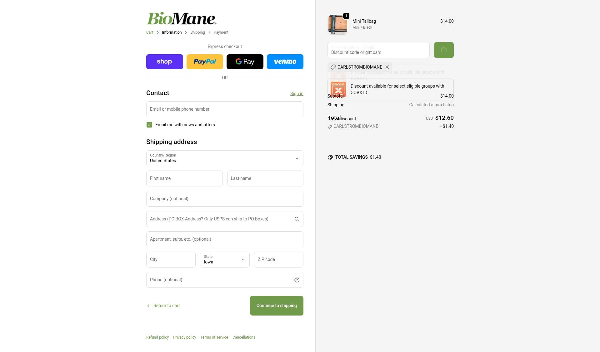 BioMane checkout page showing BioMane discount code box | Screenshot taken by SimplyCodes community member on Feb 20, 2026