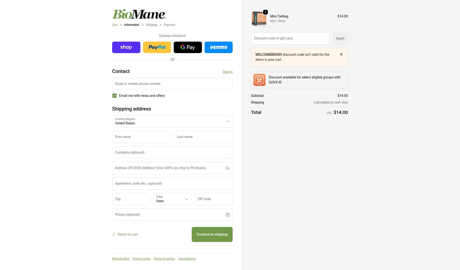 BioMane checkout page showing BioMane discount code box | Screenshot taken by SimplyCodes community member on Feb 20, 2026