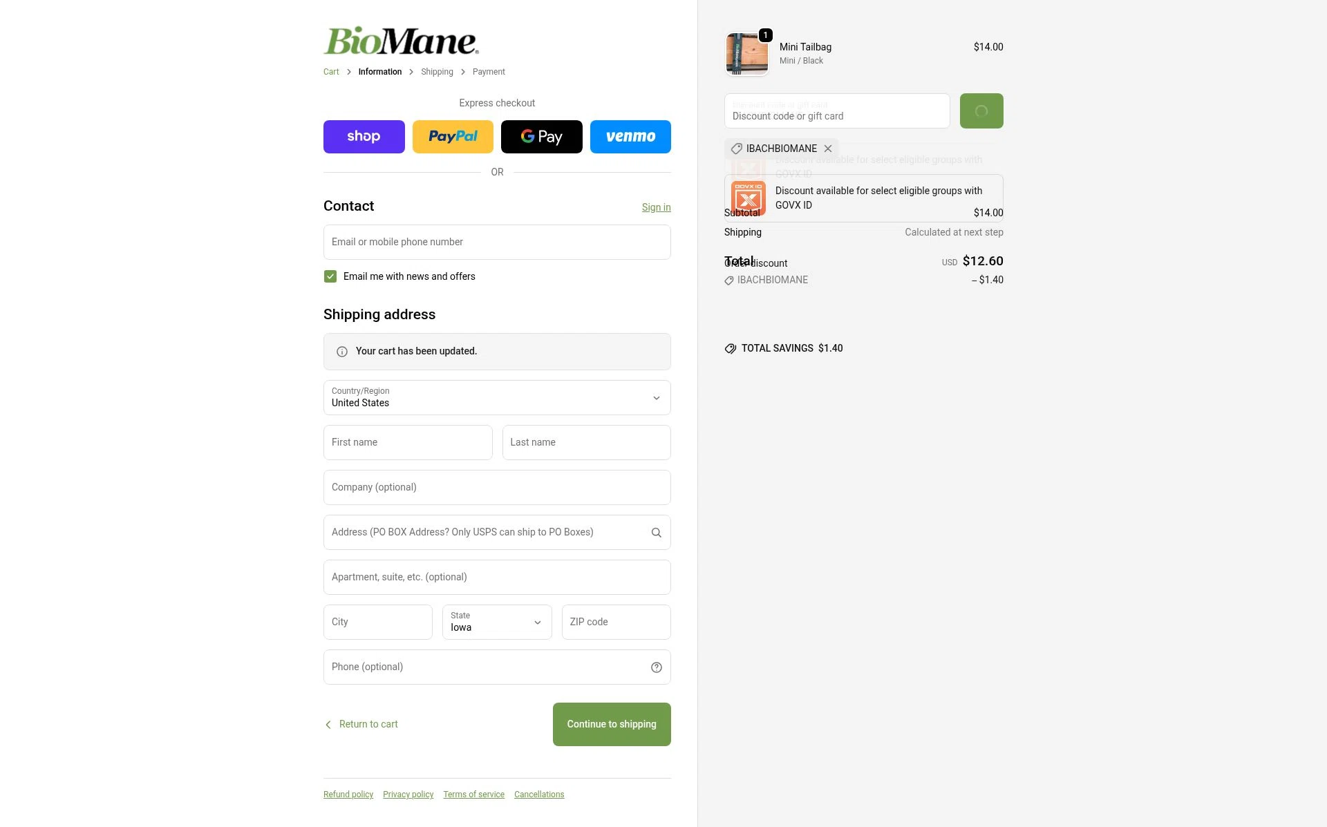 BioMane checkout page showing BioMane discount code box | Screenshot taken by SimplyCodes community member on Feb 20, 2026