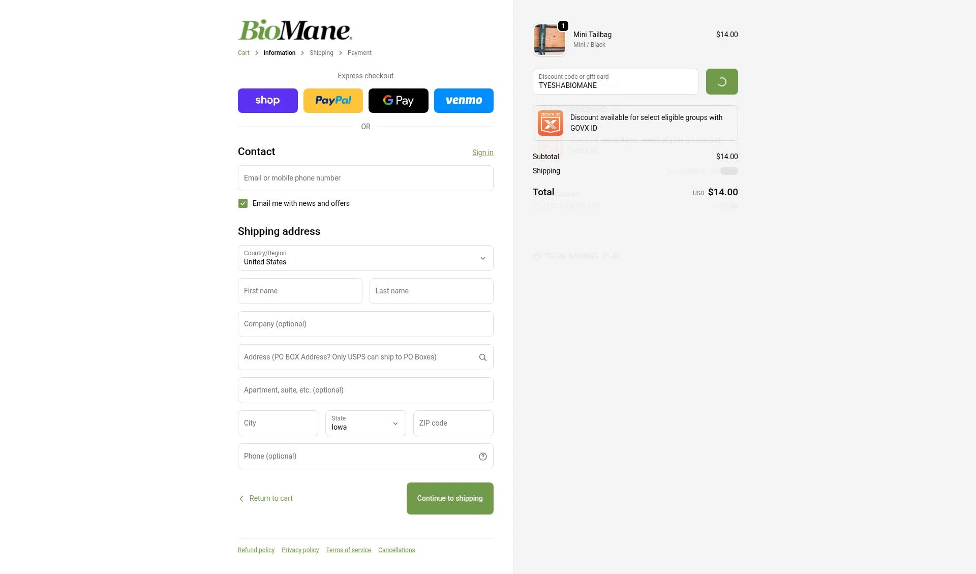 BioMane checkout page showing BioMane discount code box | Screenshot taken by SimplyCodes community member on Feb 20, 2026