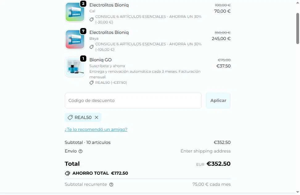 Bioniq checkout page showing Bioniq discount code box | Screenshot taken by SimplyCodes community member on Oct 8, 2025