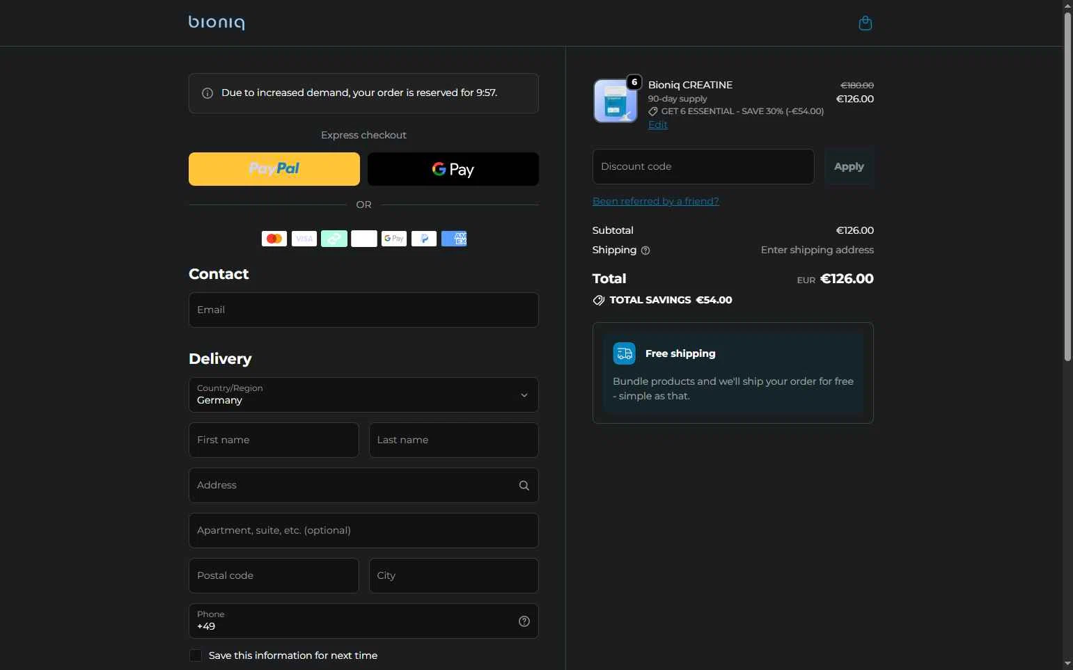 Bioniq checkout page showing Bioniq discount code box | Screenshot taken by SimplyCodes community member on Feb 12, 2026